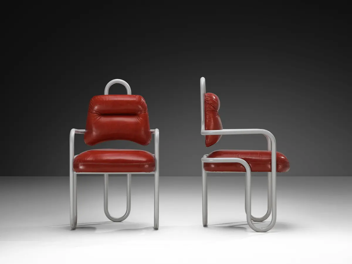 Kwok Hoi Chan For Steiner Pair Of Dining Chairs In Red Leather 1