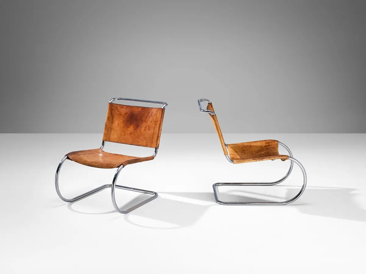Pair Of Cantilever Chairs In Cognac Leather And Chrome-Plated Steel 1