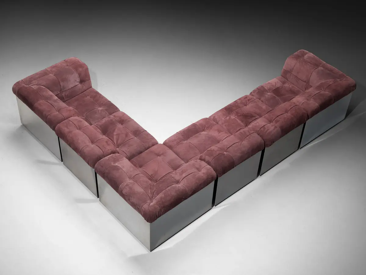 Giorgio Montani For Souplina Sectional Sofa In Stainless Steel And Plum Suede 1