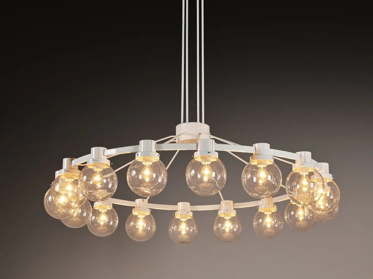 Large Chandelier In White Lacquered Metal With Hand Blown Glass Globes 1