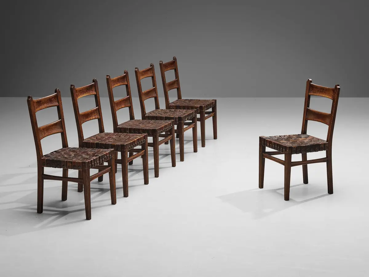 Ernesto Valabrega Set Of Six Dining Chairs In Oak And Leather 1