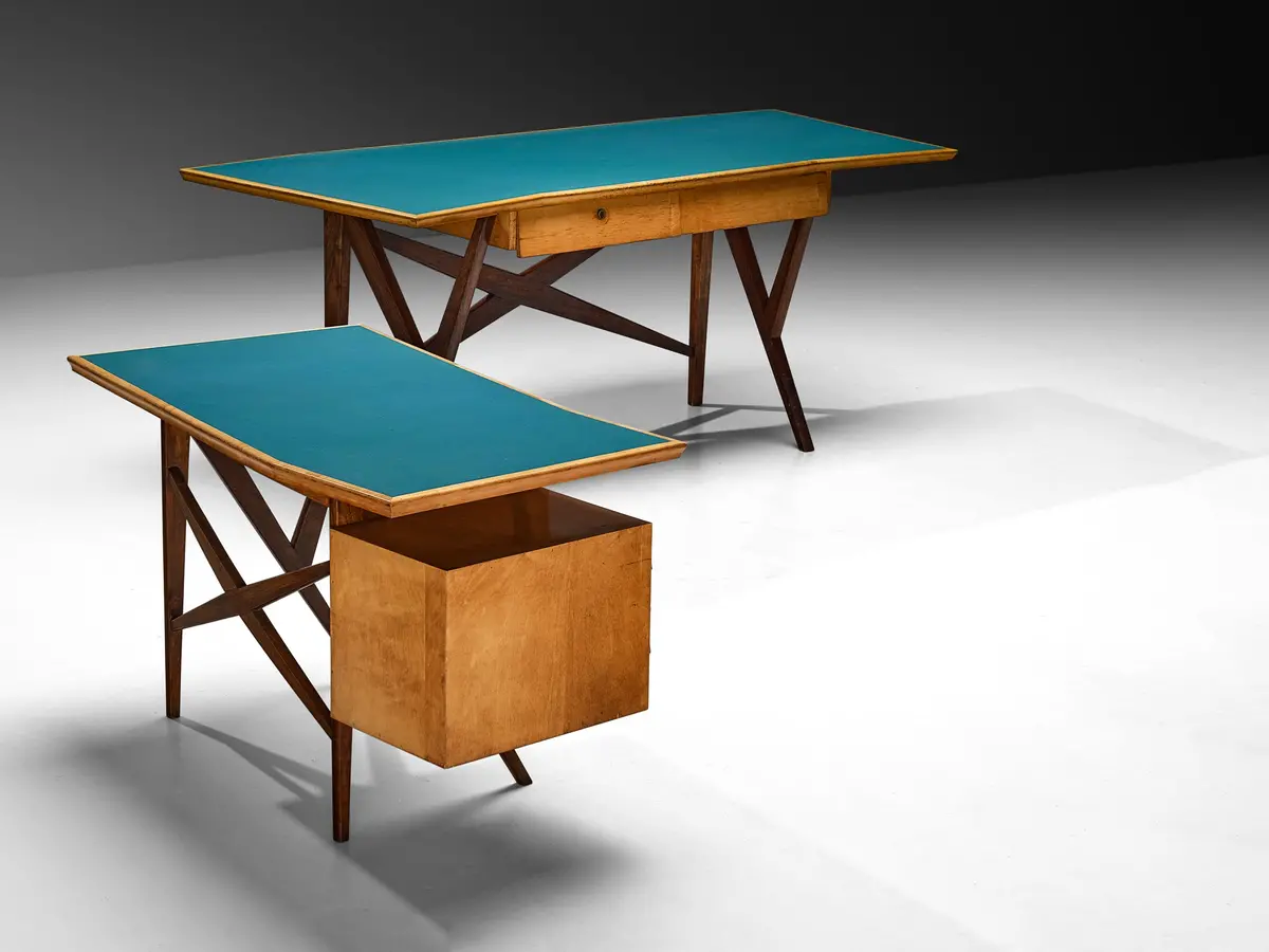 Mid-Century Modern Italian Desk With Return In Mahogany And Maple With Turquoise Top 1