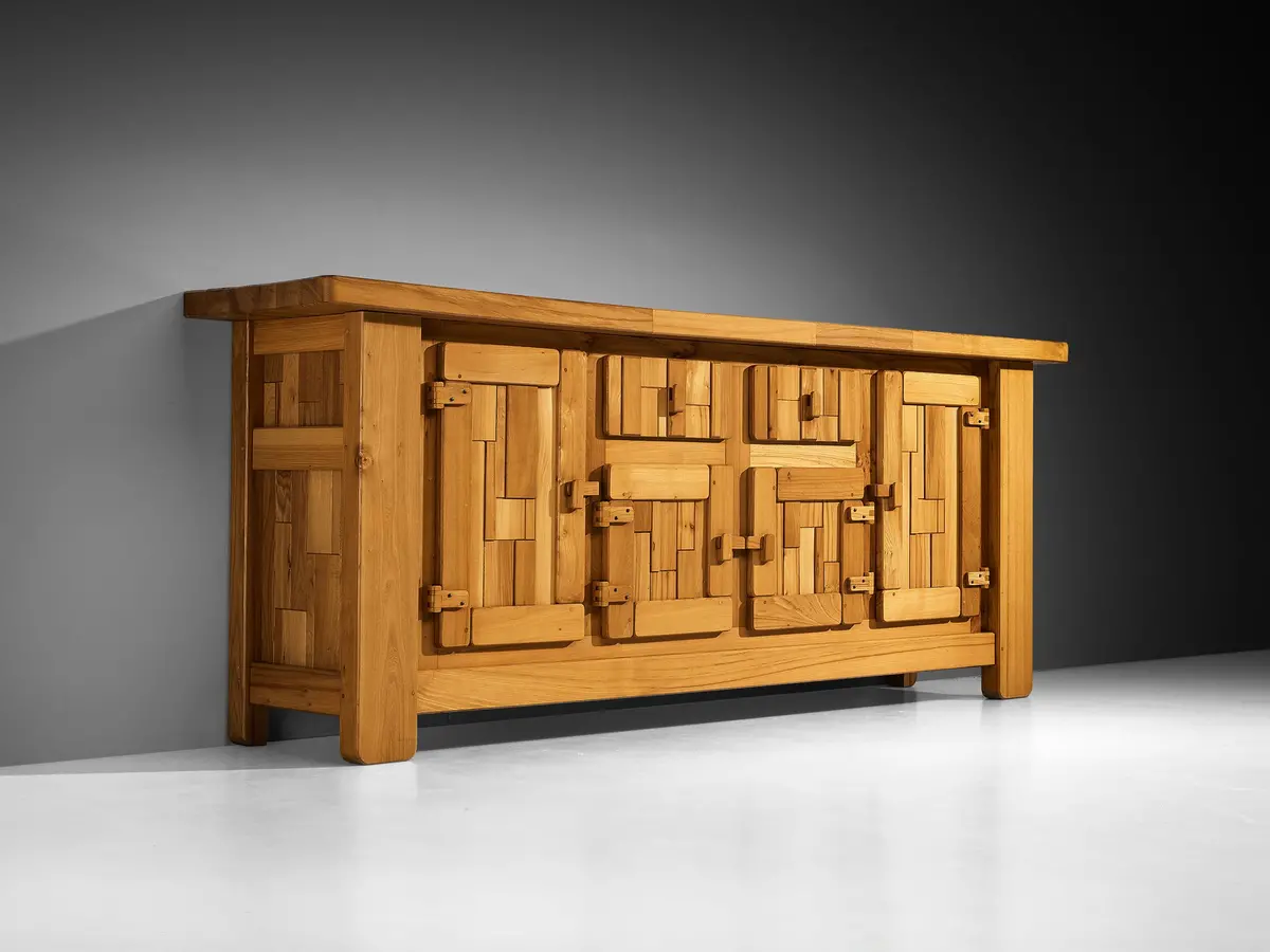 French Brutalist Sideboard With Graphic Doors In Solid Elm 1