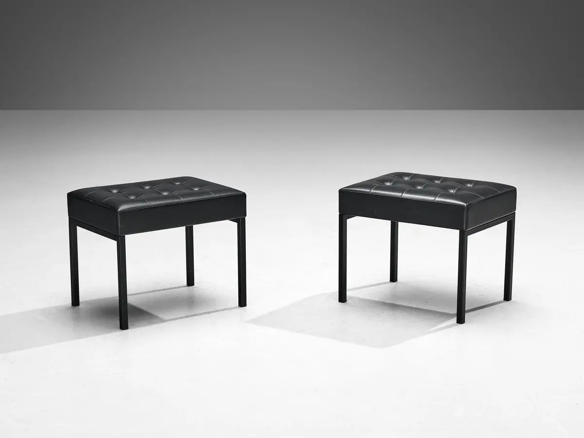 Pair Of Minimalist Stools In Steel And Black Upholstery 1