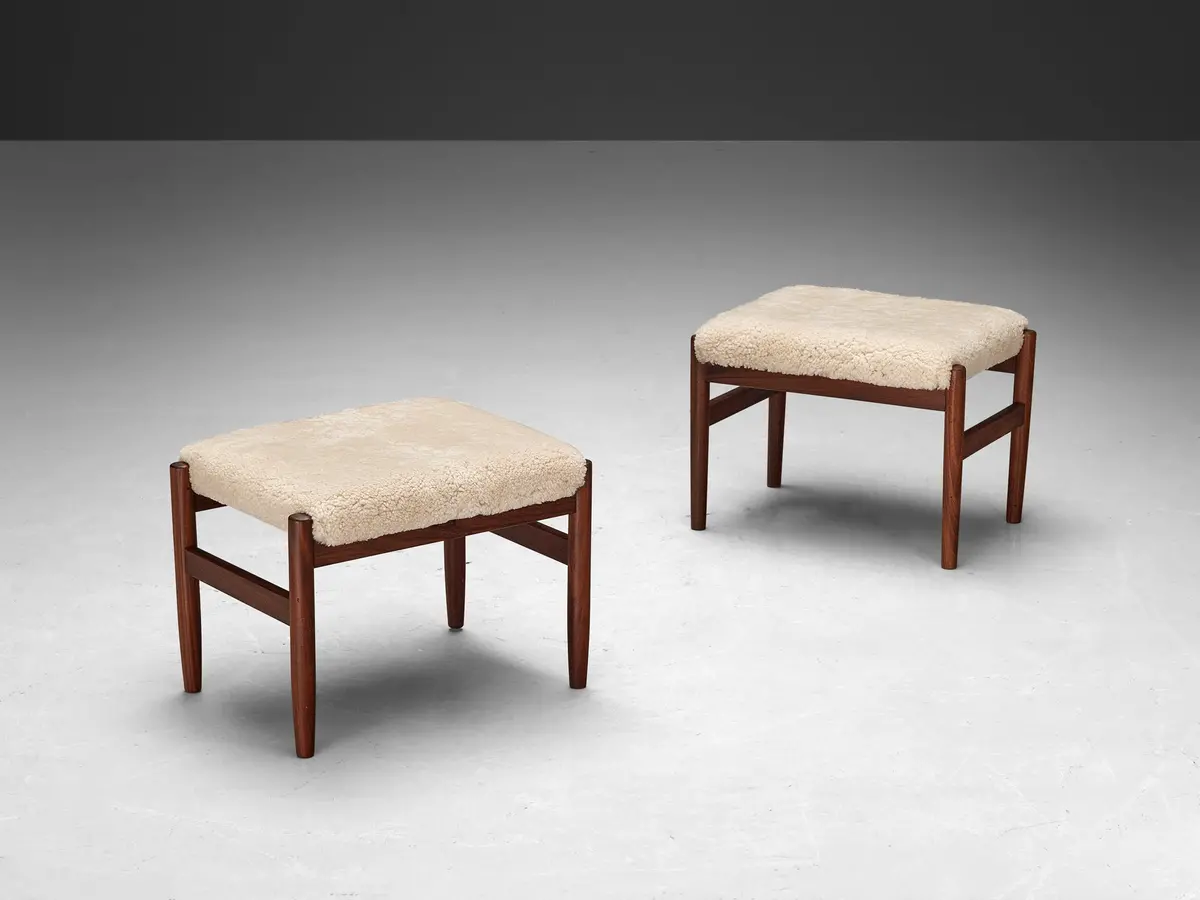 Scandinavian Stools In Teak And Shearling Upholstery 1