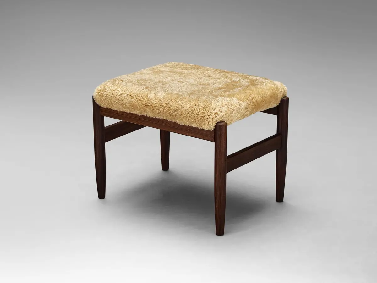 Scandinavian Stool In Teak And Shearling Upholstery 1