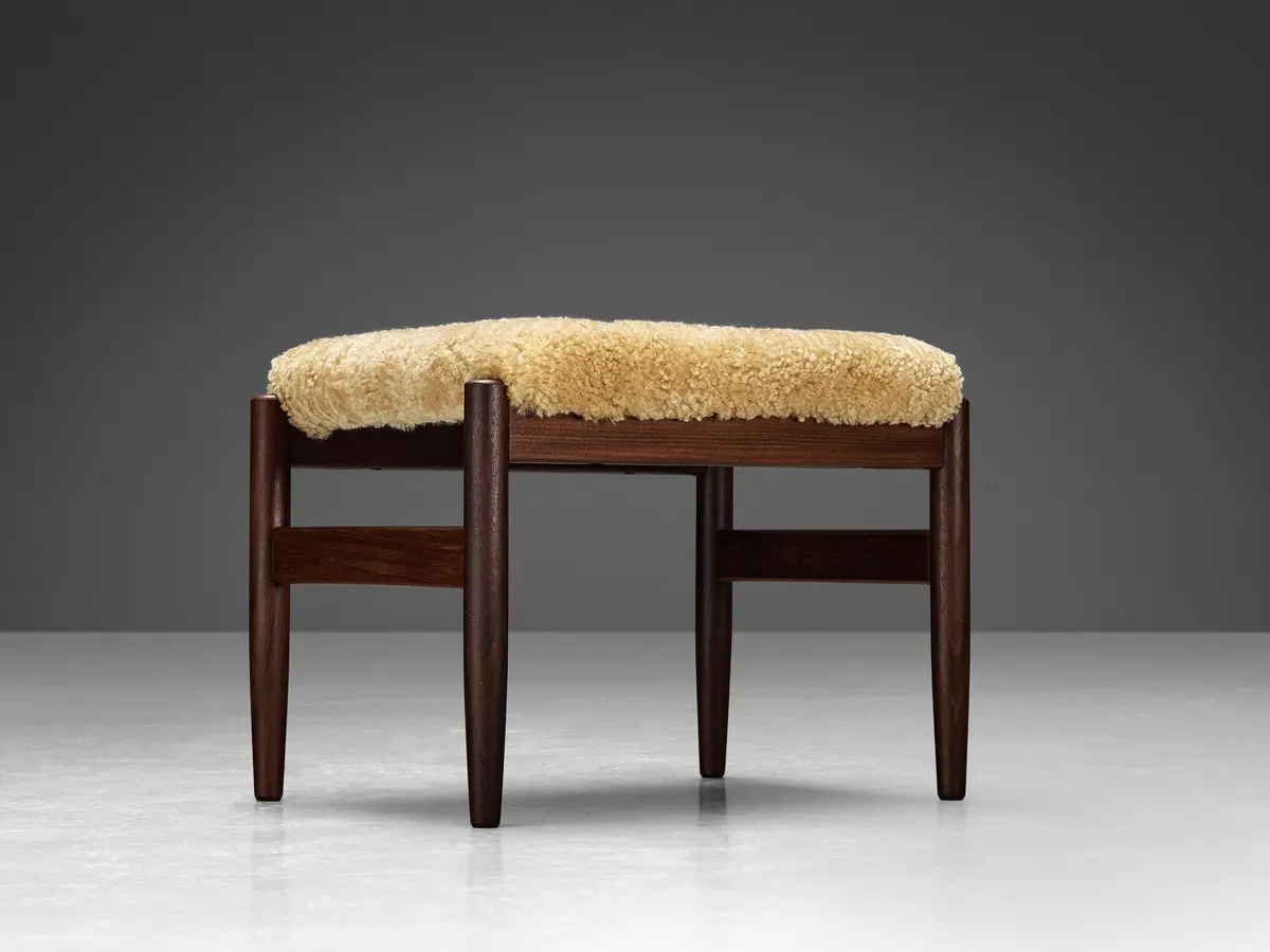 Scandinavian Stool In Teak And Shearling Upholstery 2