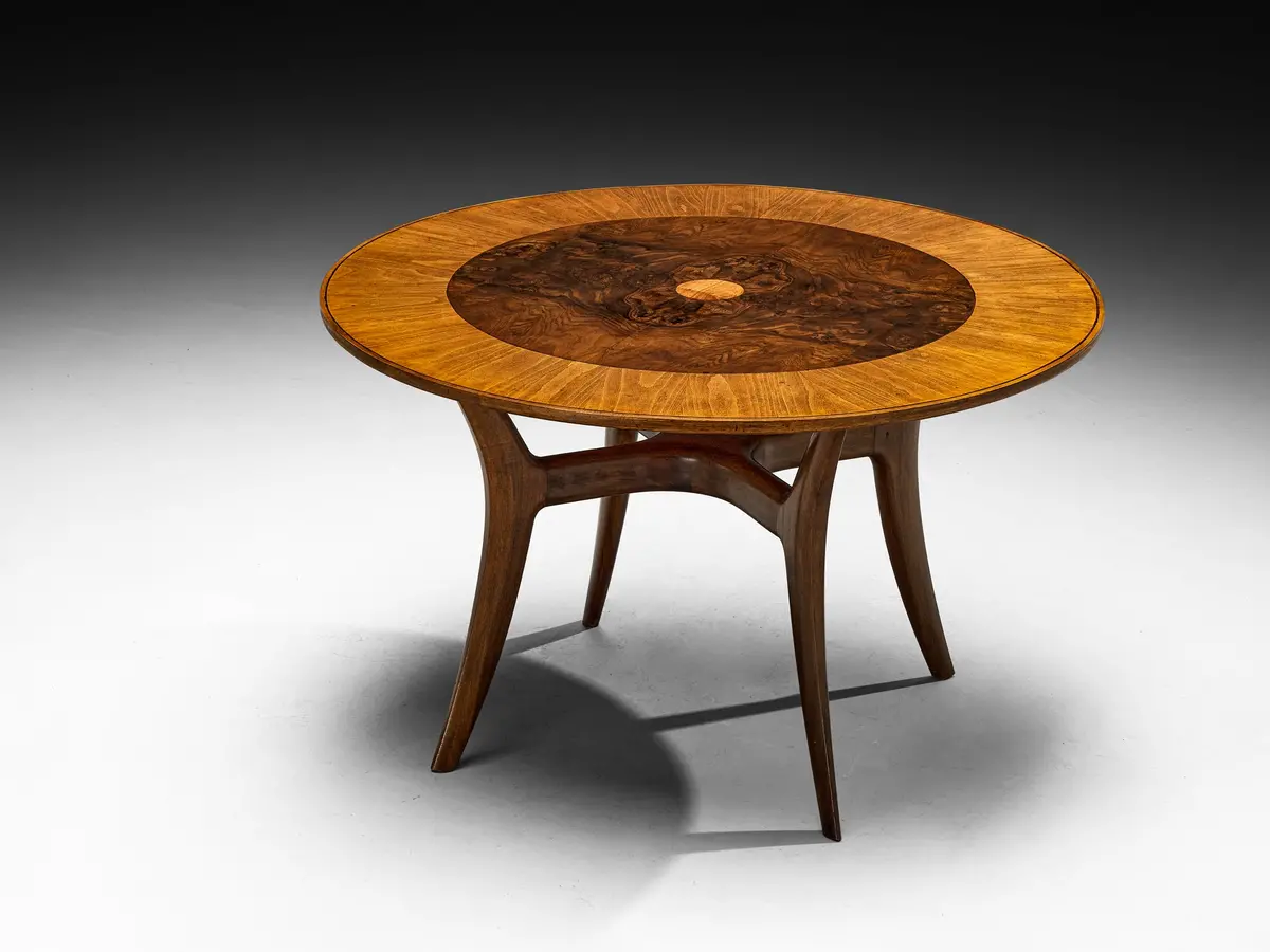 Elegant Italian Round Dining Or Center Table In Briar And Walnut 1