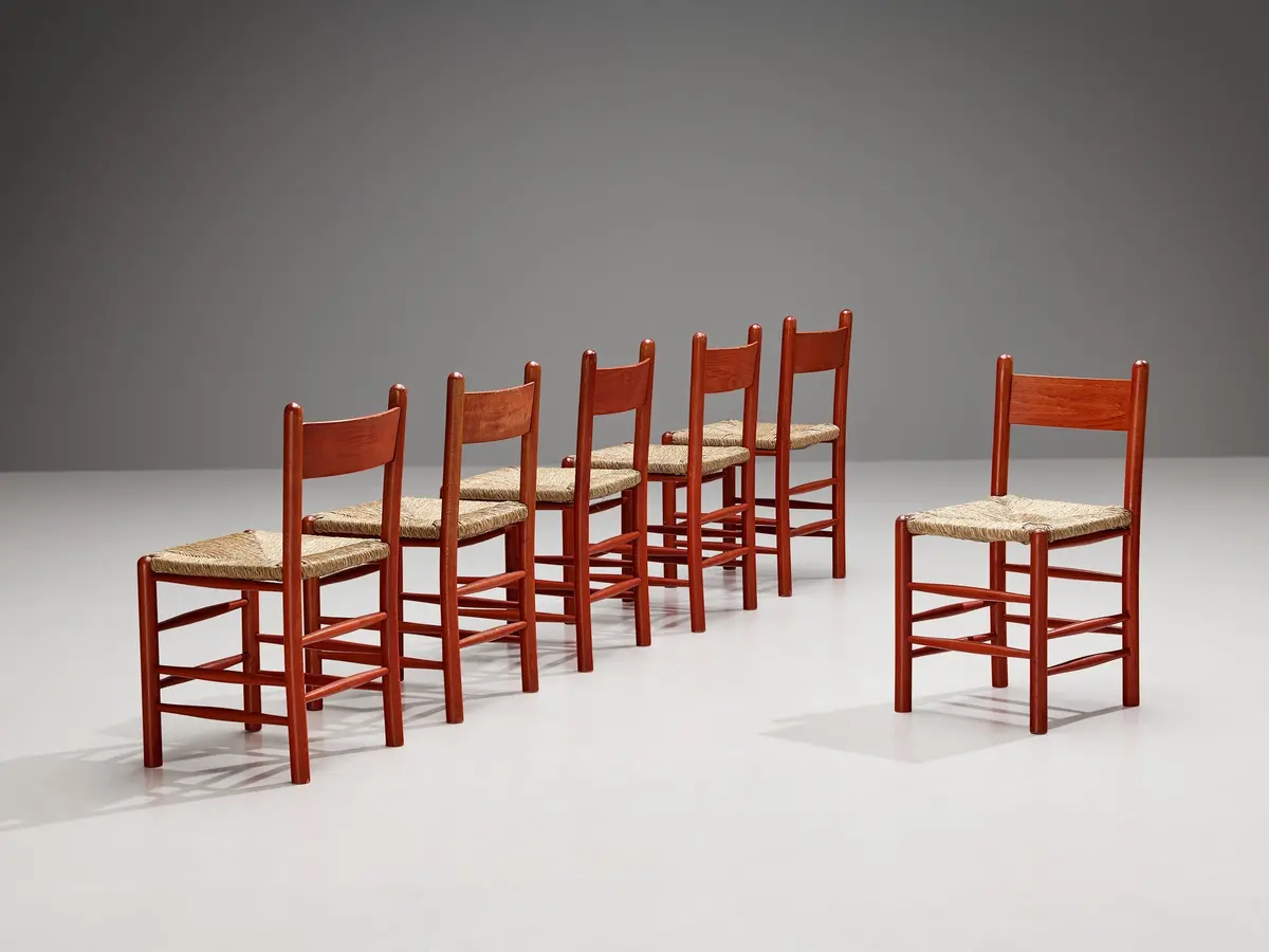 Set Of Six French Dining Chairs With Red Wooden Frame And Straw Seats 1