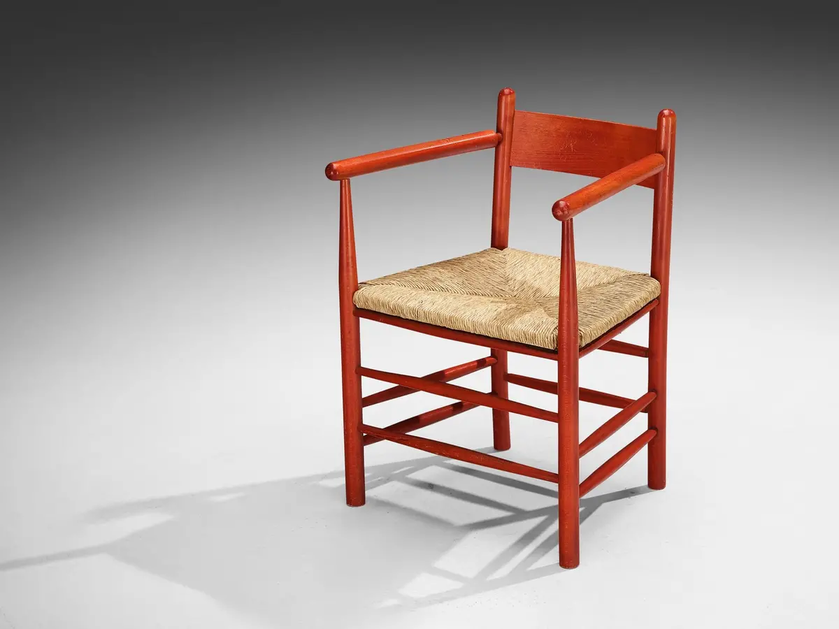 French Armchair With Red Wooden Frame And Straw Seat 1