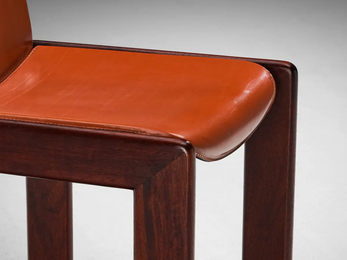 Italian Dining Chairs In Red Saddle Leather And Stained Wood 2