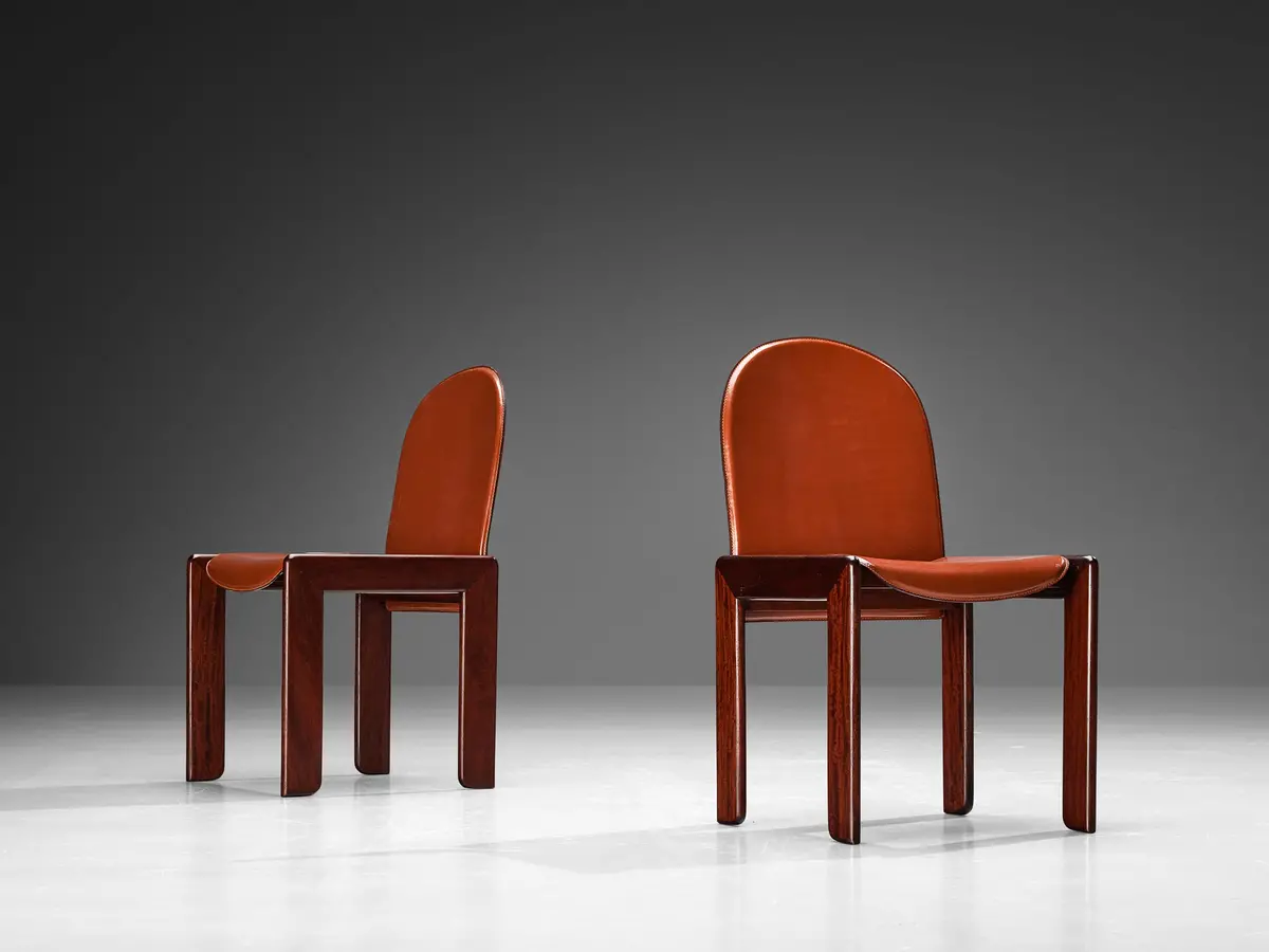 Italian Dining Chairs In Red Saddle Leather And Stained Wood 1