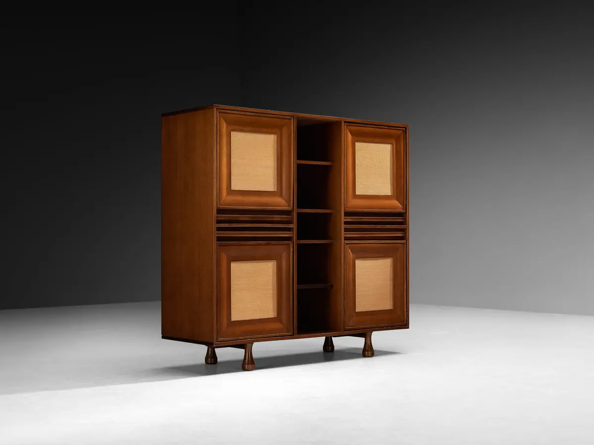 Angelo Mangiarotti For Sorgente Dei Mobili Cabinet In Mahogany & Grasscloth 1