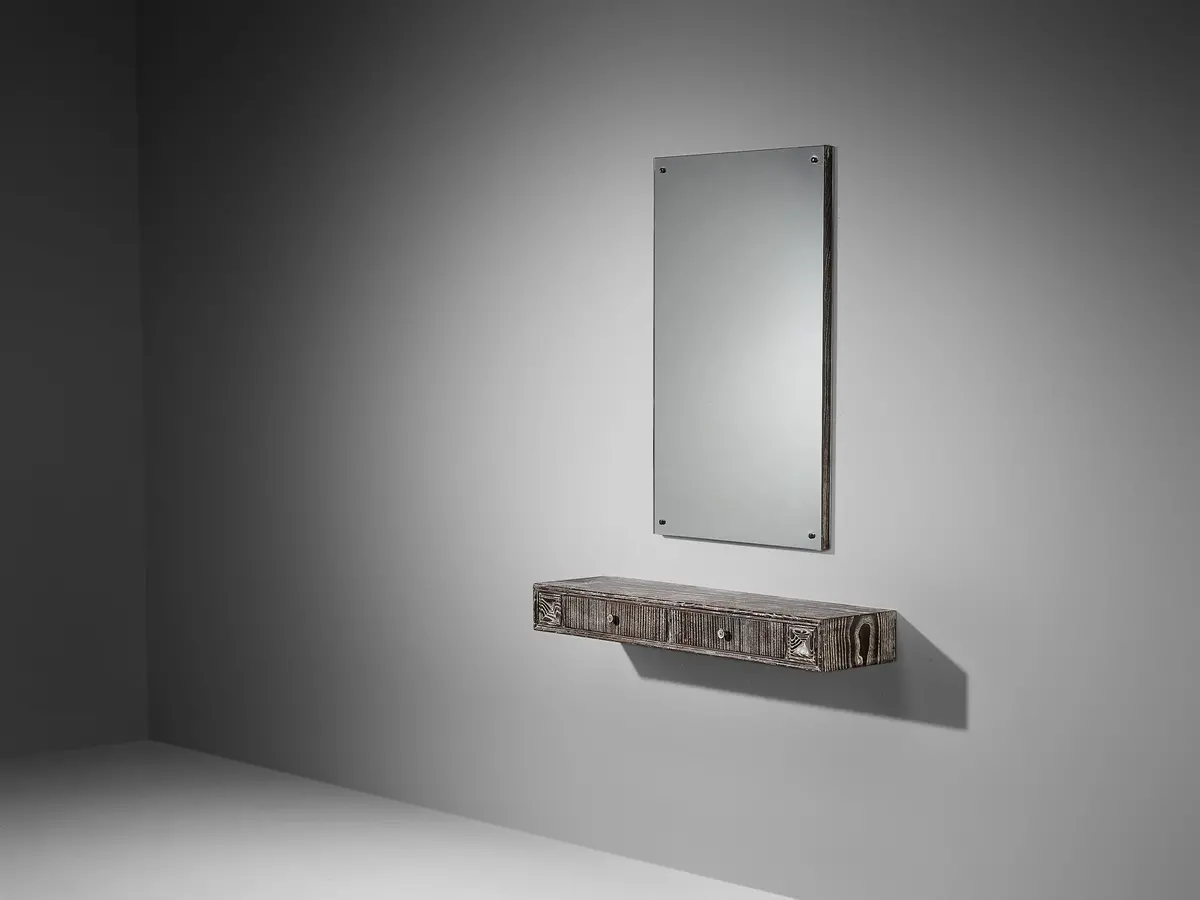 Unique Italian Wall-Mounted Console With Mirror In Cerused Chestnut 1