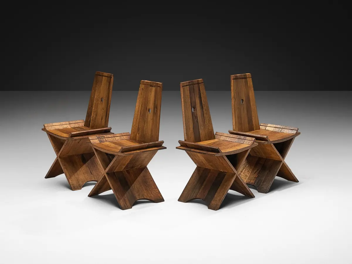 Sculptural Set Of Four Dining Chairs In Oak With Iron Accents 1