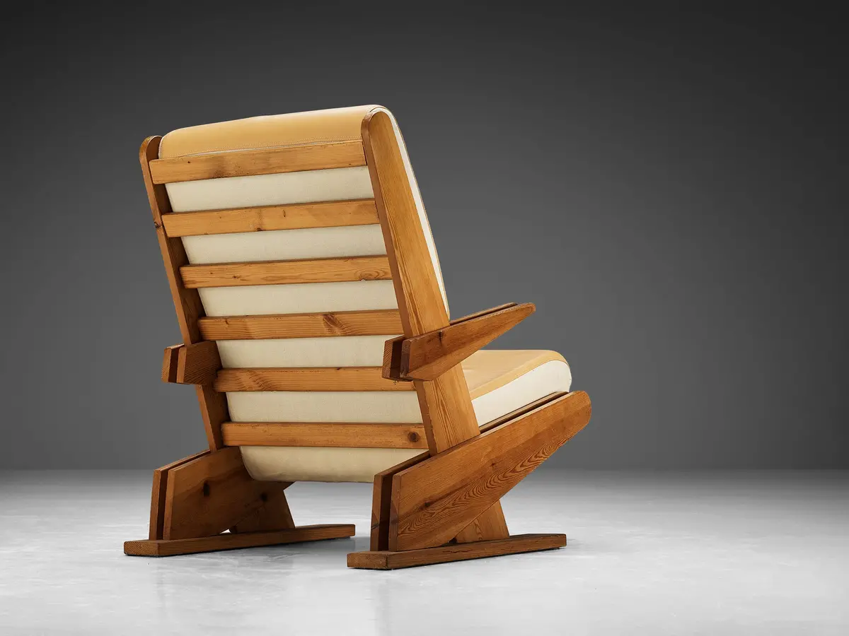 Brutalist Lounge Chair In Beige Camel Upholstery And Pine 1