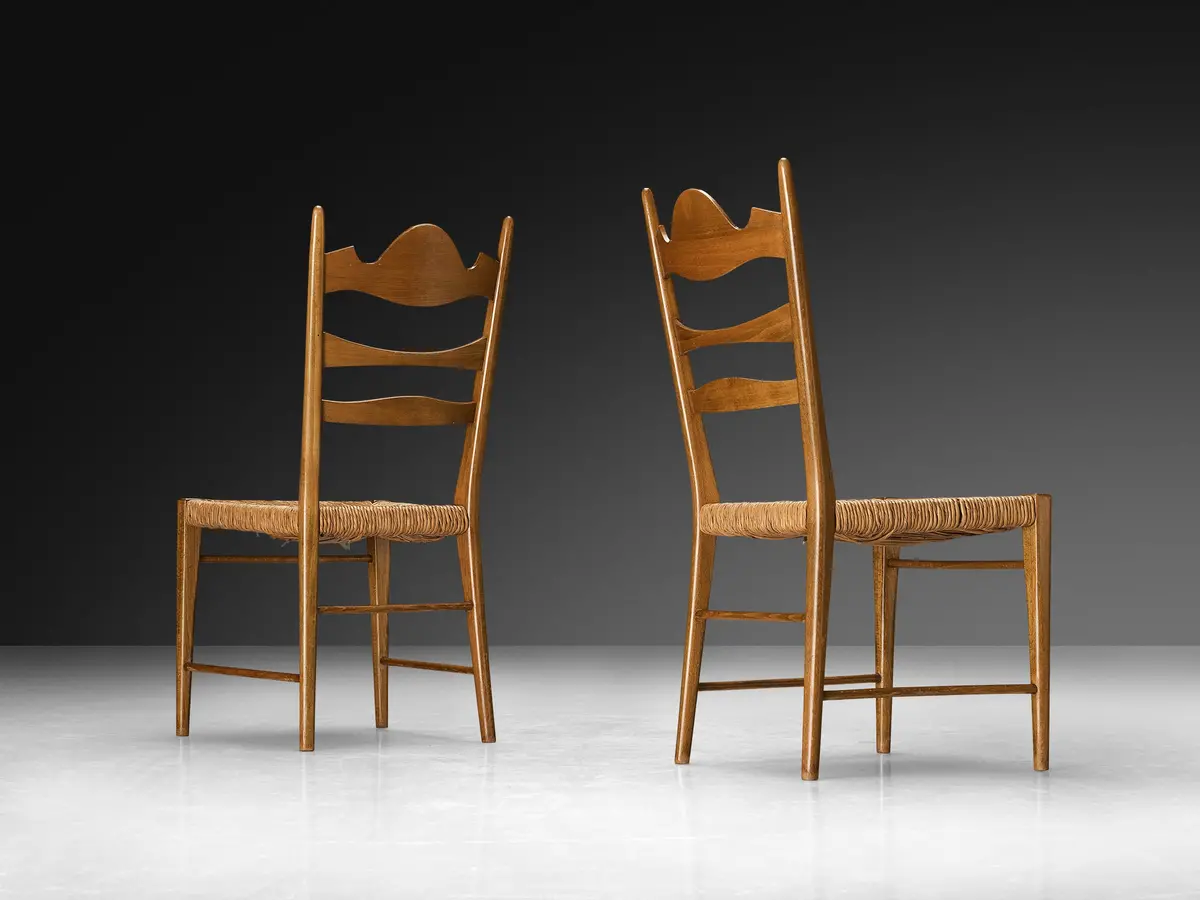 Pair Of Italian Dining Chairs With Carved Backs And Straw Seats 1
