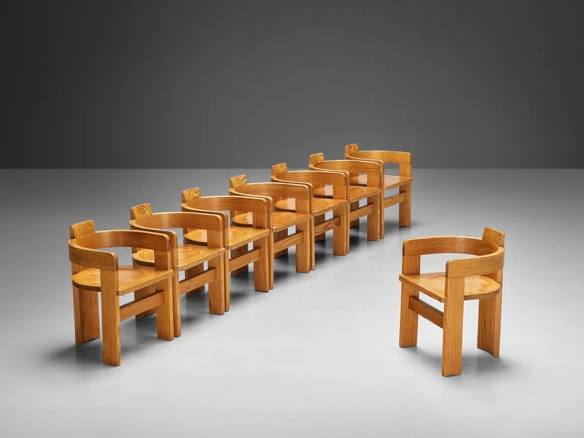 Set Of Eight Italian Architectural Armchairs In Cypress Wood 1