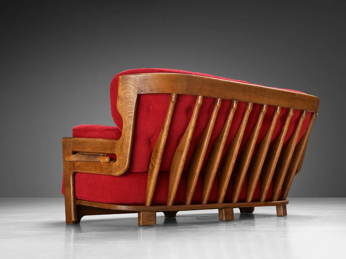 Guillerme & Chambron Sofa 'Denis' In Solid Oak And Red Pink Velvet 1