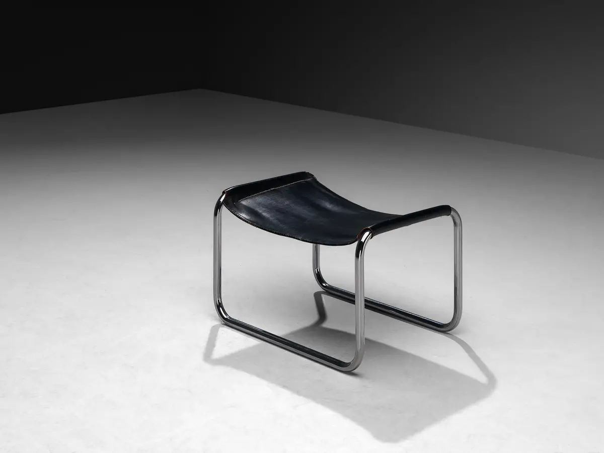 Ottoman In Black Saddle Leather And Chromed Metal 1