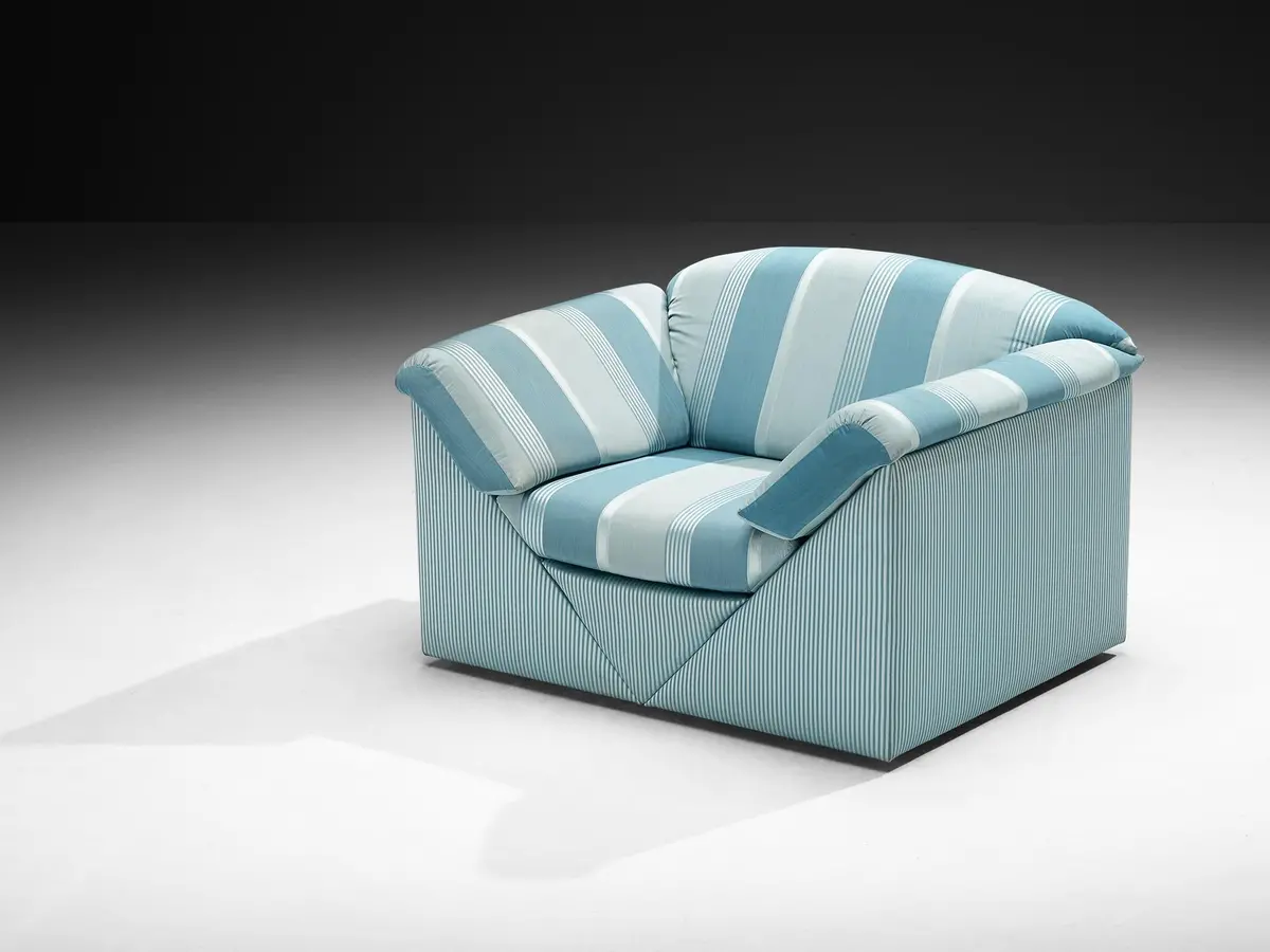 Substantial Lounge Chair In Delicate Striped Green Blue Upholstery 1
