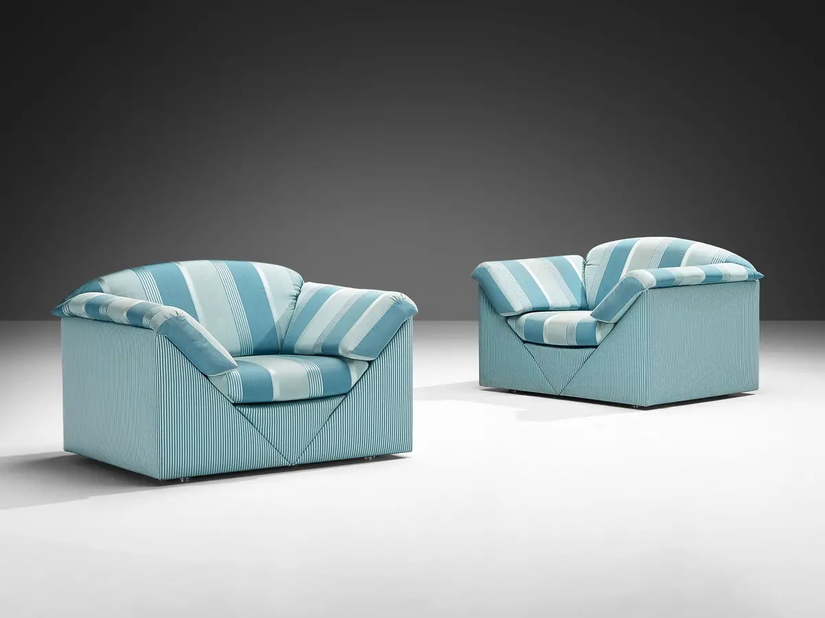 Substantial Lounge Chairs In Delicate Striped Green Blue Upholstery 1
