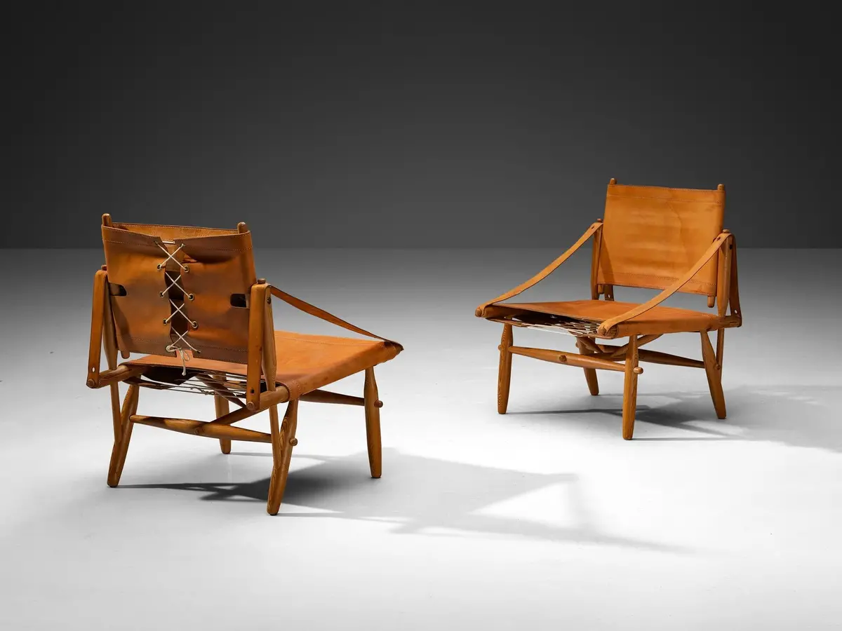 Rare Ilmari Tapiovaara For Lukkiseppo 'Chaco' Lounge Chairs Cognac Leather 1
