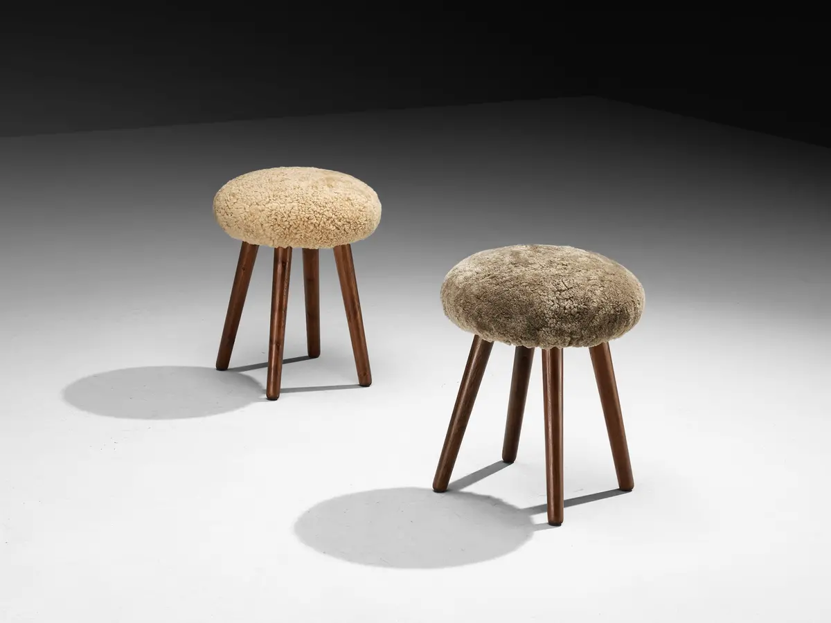 Italian Stools Or Side Tables In Solid Pine And Sheepskin 1