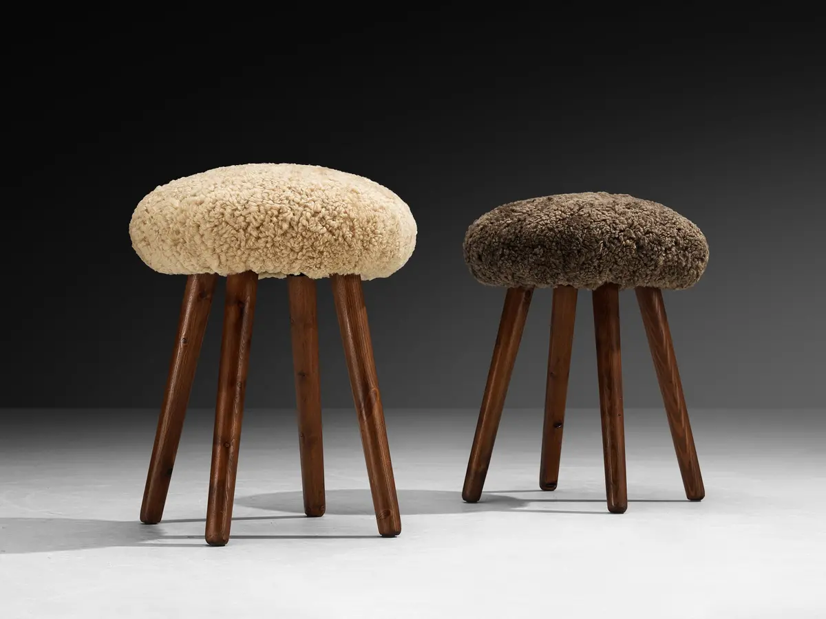 Italian Stools Or Side Tables In Solid Pine And Sheepskin 2