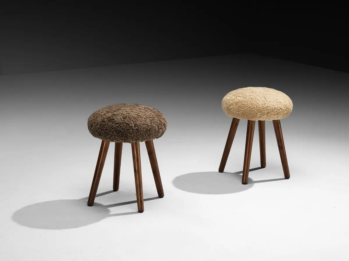 Italian Stools Or Side Tables In Solid Pine And Sheepskin 1