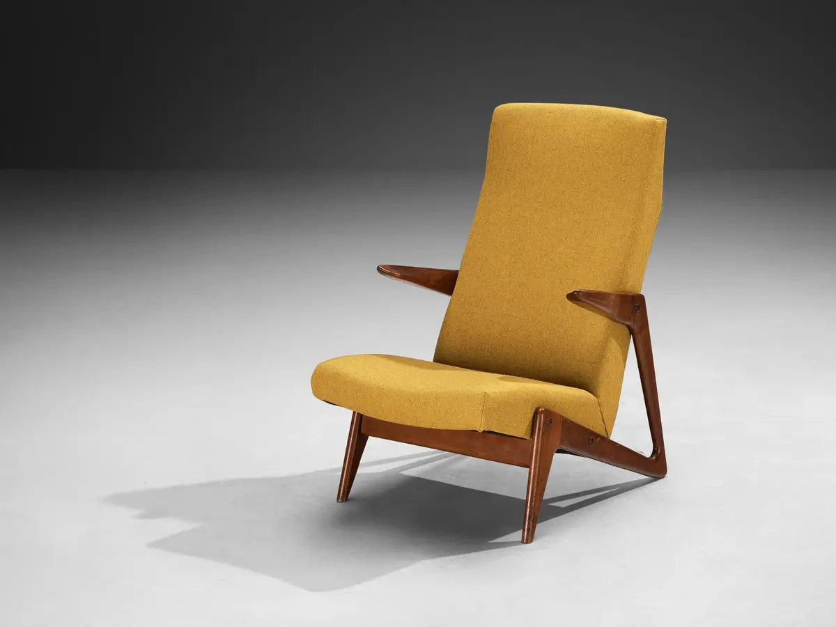 Mid-Century Modern Sculptural Belgian Lounge Chair In Cherry & Ochre Fabric 1