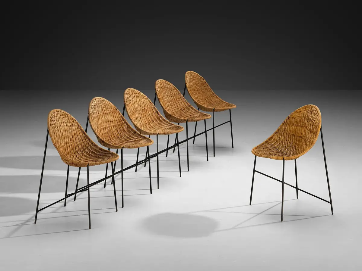 Georges And Hermine Laurent Set Of Six Dining Chairs In Cane And Steel 1