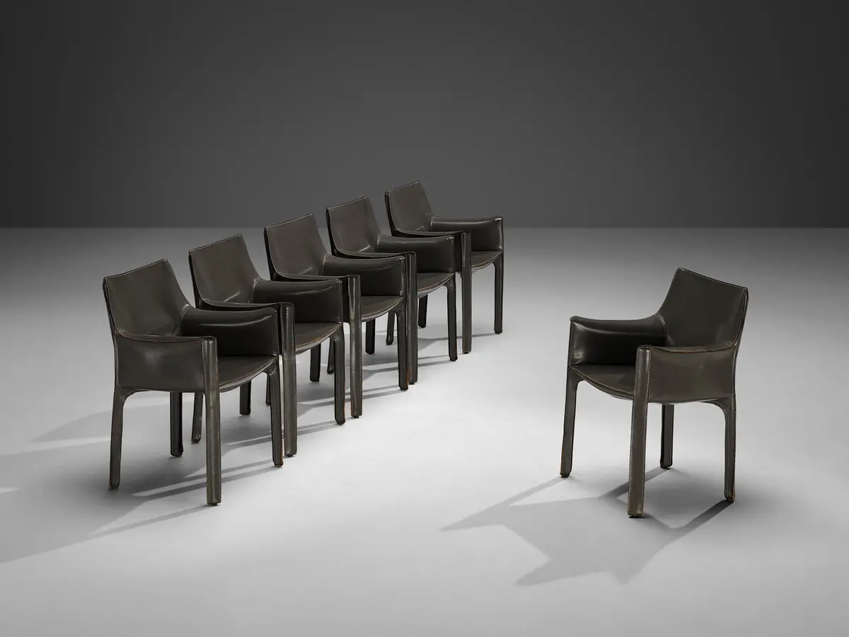 Mario Bellini For Cassina Cab 413 Set Of Six Dining Chairs In Grey Leather 1