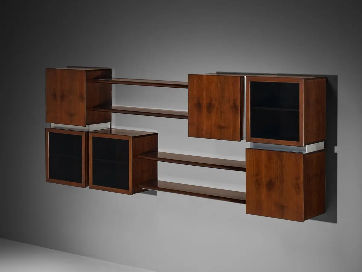 Italian Modular Shelving Wall Unit With Cabinets In Walnut Stainless Steel 1