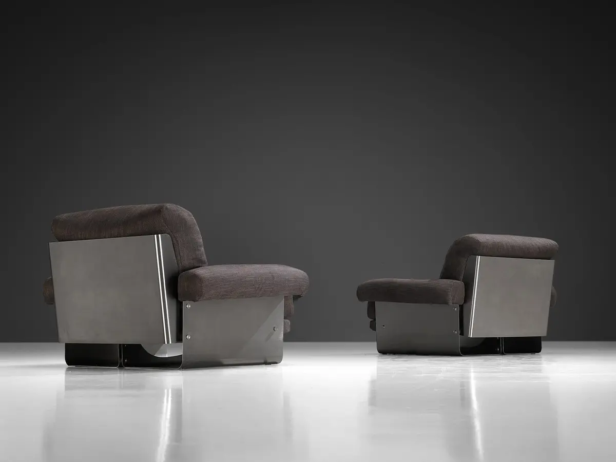 Post-Modern French Pair Of Lounge Chairs In Brushed Steel & Grey Upholstery 1
