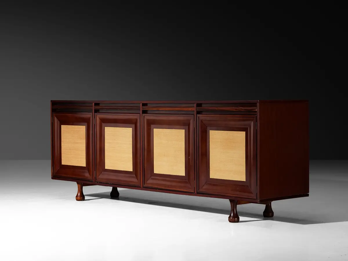 Angelo Mangiarotti For Sorgente Dei Mobili Sideboard In Mahogany Grasscloth 1
