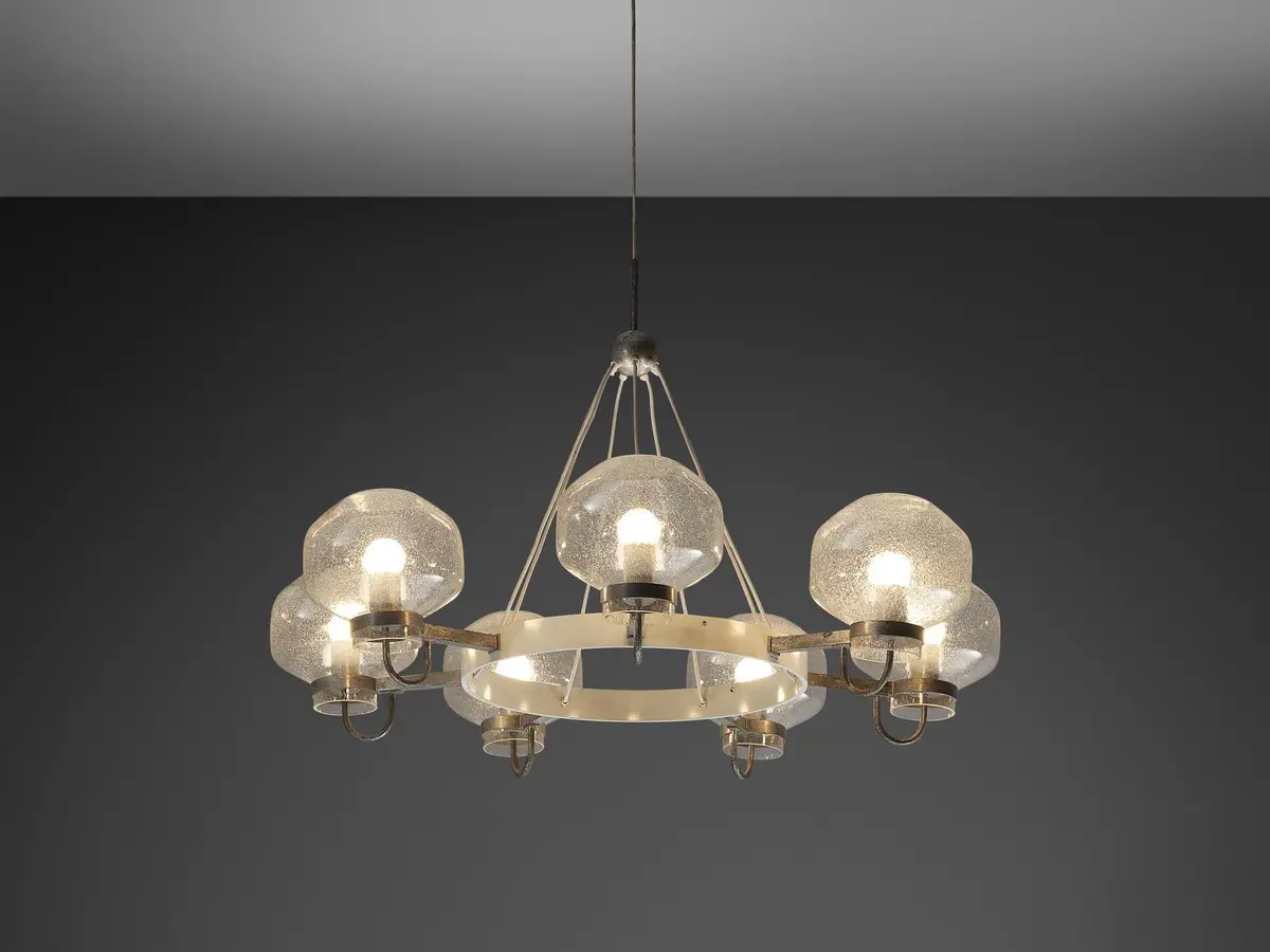 1970S Chandelier In Silver-Colored Metal & Blown Glass 1
