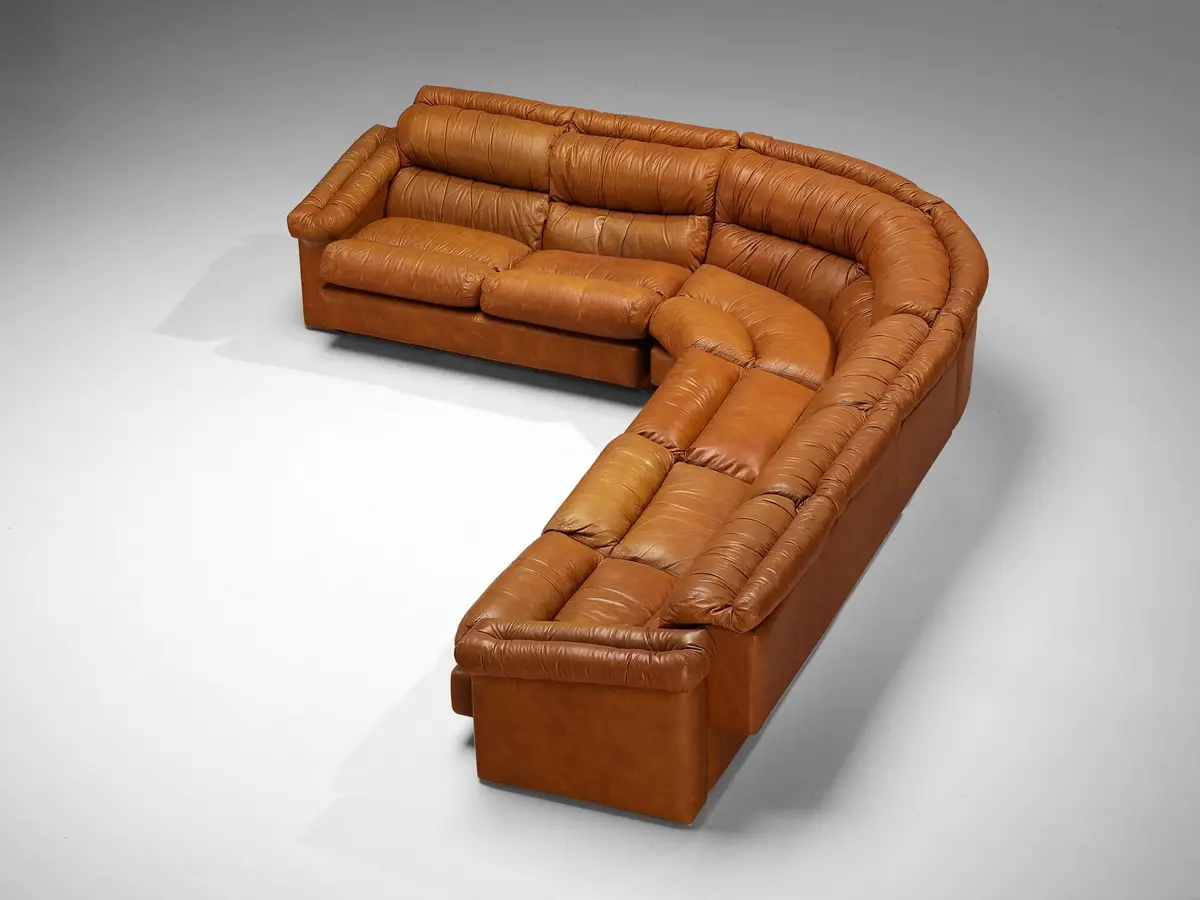 Italian Post-Modern Sectional Corner Sofa In Cognac Brown Leather 1