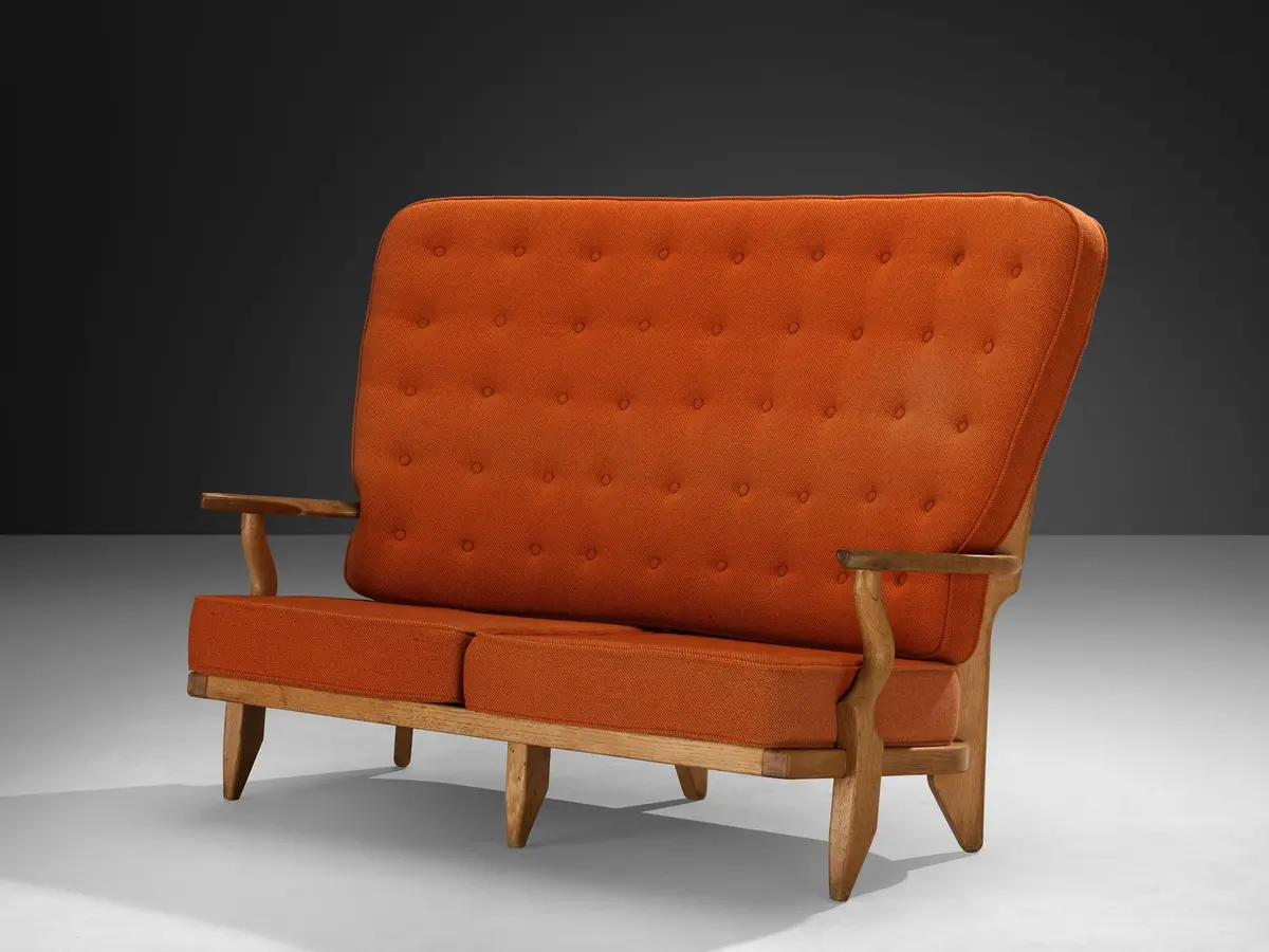 Guillerme & Chambron Grand Repos Sofa In Oak And Orange Upholstery 1