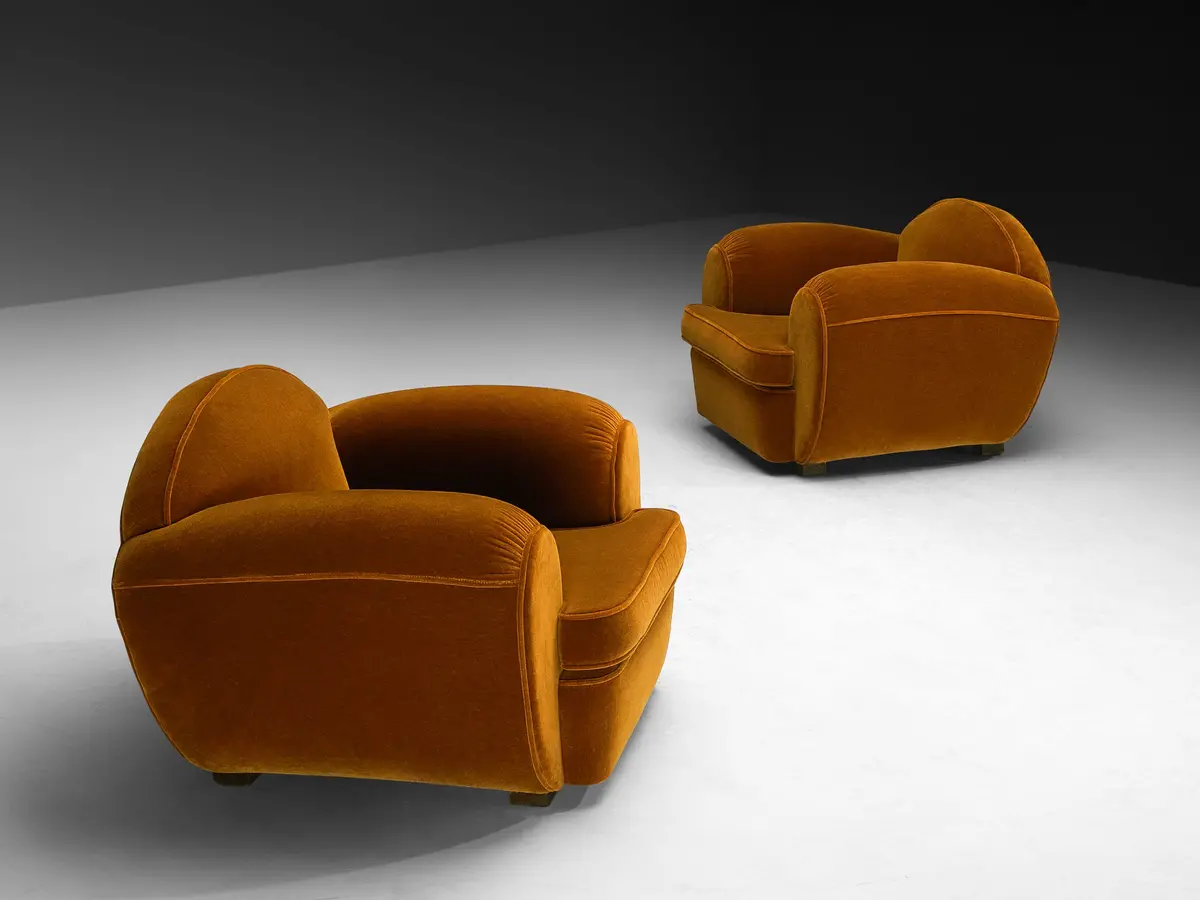 Rare René Drouet Pair Of Lounge Chairs In Caramel Mohair By Pierre Frey 1