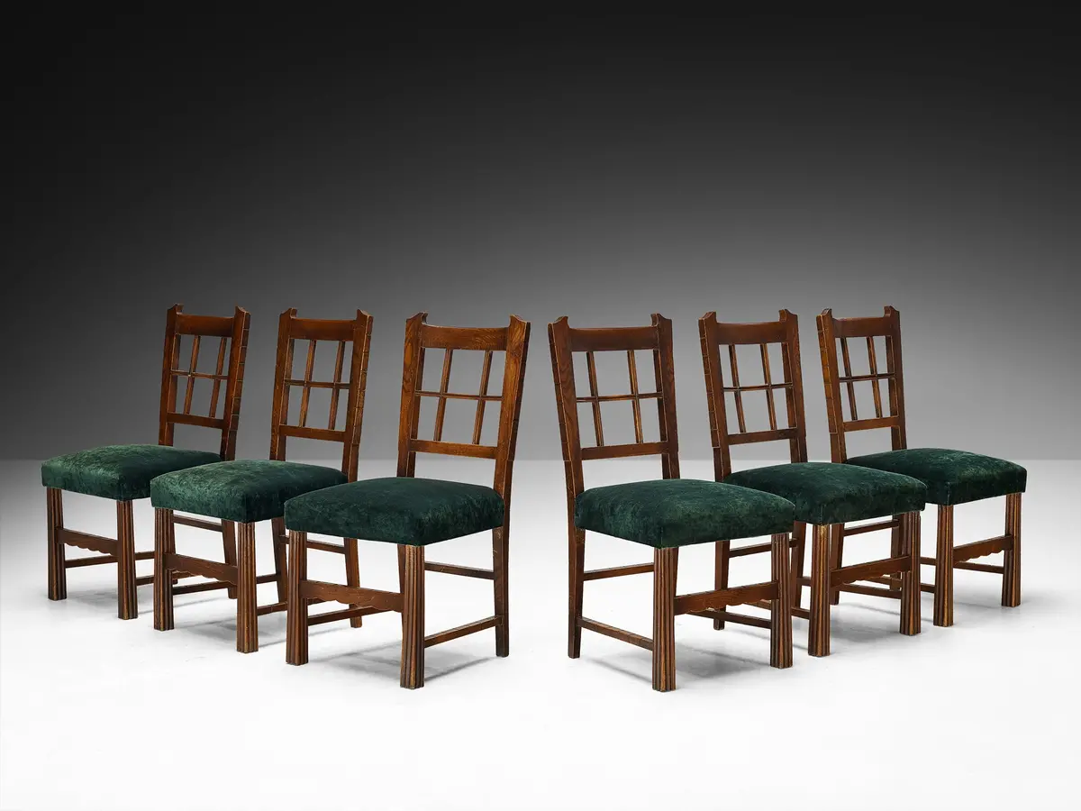 Ernesto Valabrega For Vittorio Valabrega Set Of Six Chairs In Oak And Pierre Frey Velvet 1