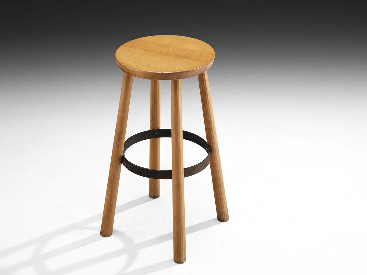 1960S Bar Stools In Blonde Wood And Hammered Iron 2