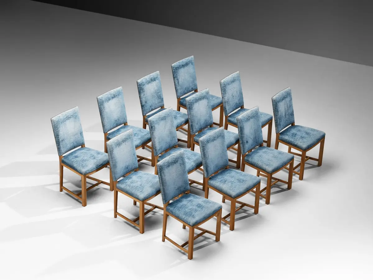Nordic Set Of Twelve Dining Chairs In Walnut And Velvet By Danish Cabinetmaker 1