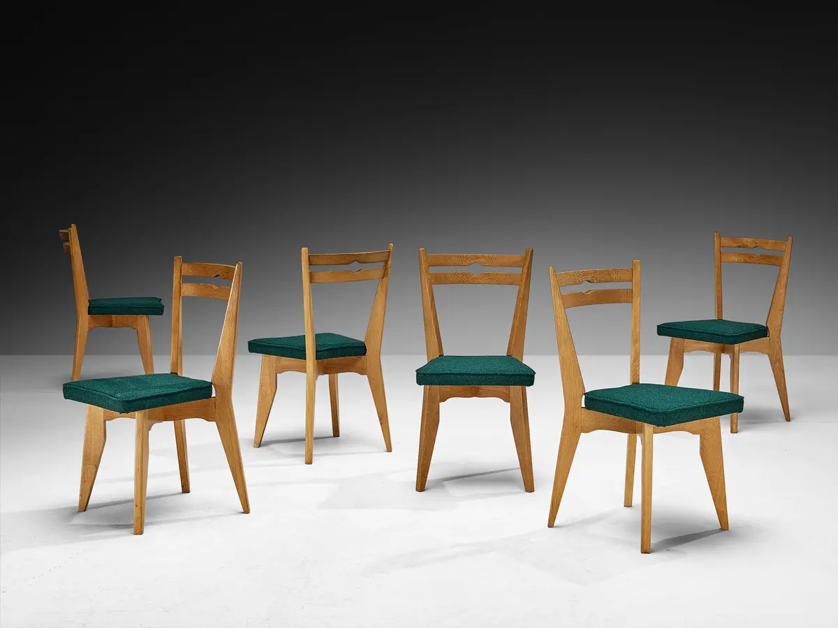 Guillerme & Chambron Set Of Six Dining Chairs In Solid Oak And English Wool 1