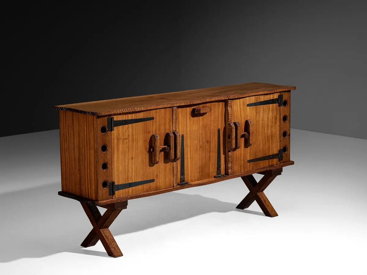 Mid-Century Sculptural Sideboard In Meranti And Wrought Iron 1