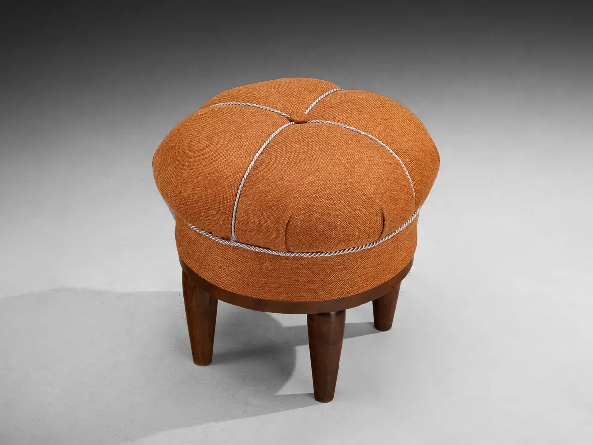 Jindrich Halabala Stool In Decorative Burnt Orange Fabric And Walnut 1