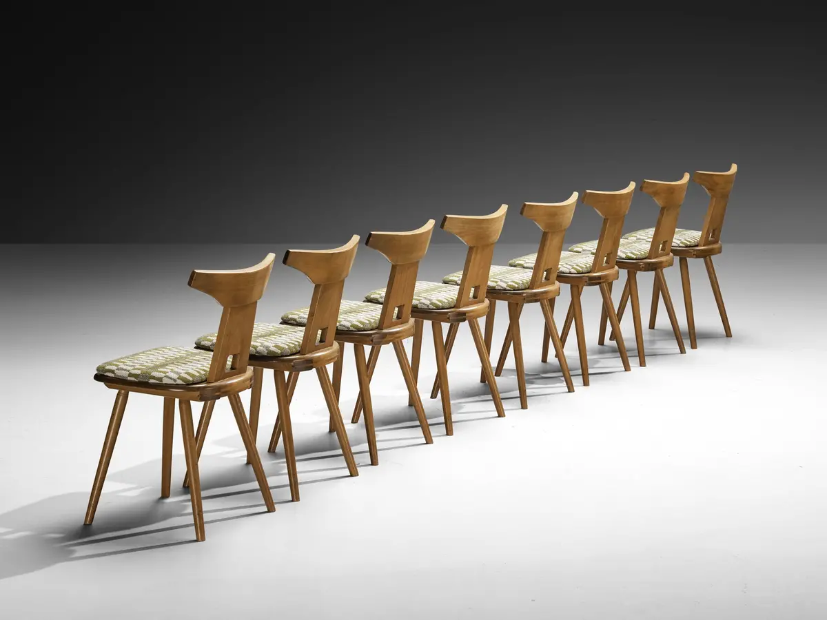 French Rustic Dining Chairs In Solid Wood With Seats In Patterned Multicolor Fabric 1