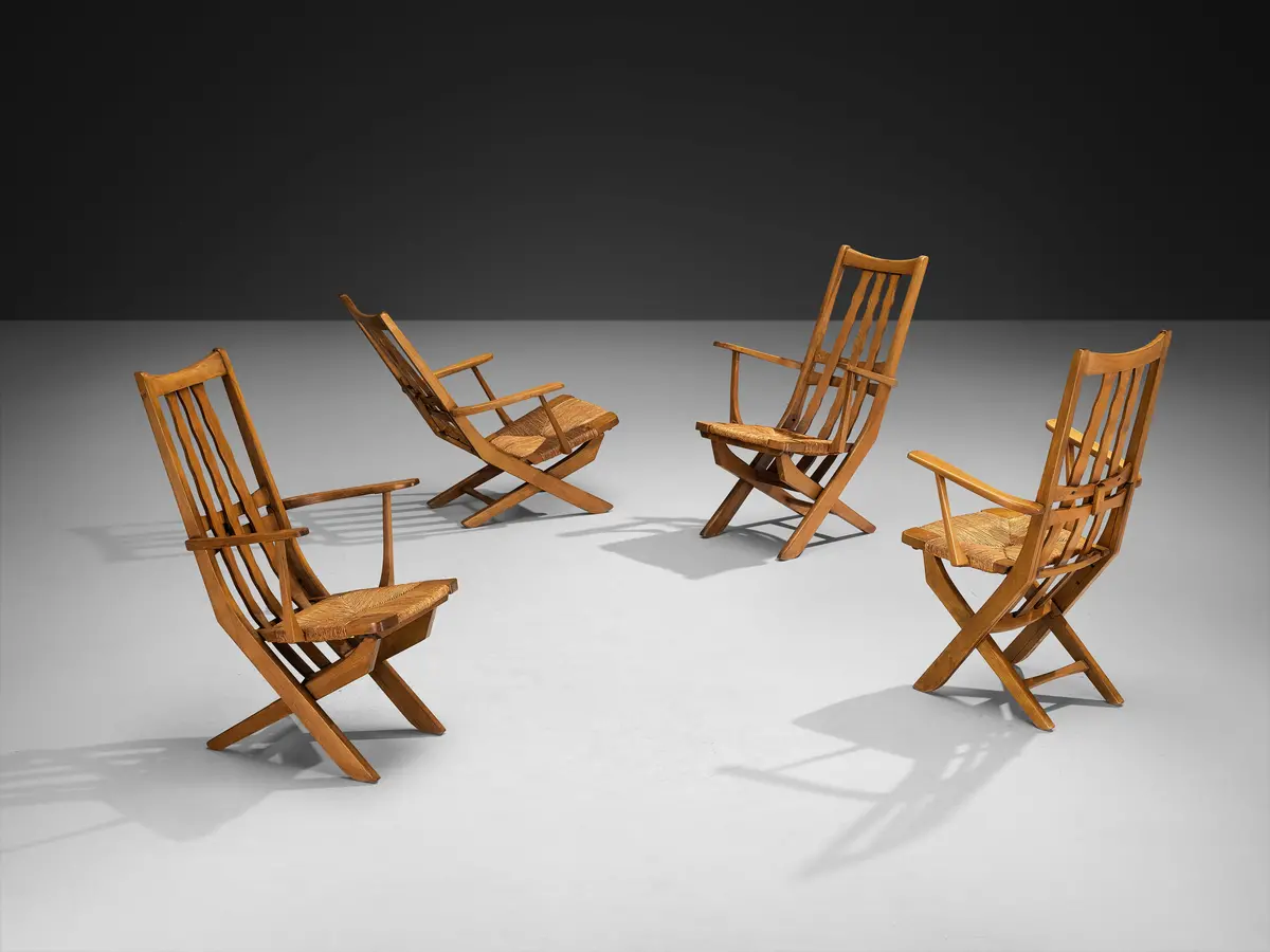 Rustic French Lounge Chairs With Tall Backs In Oak And Rush 1