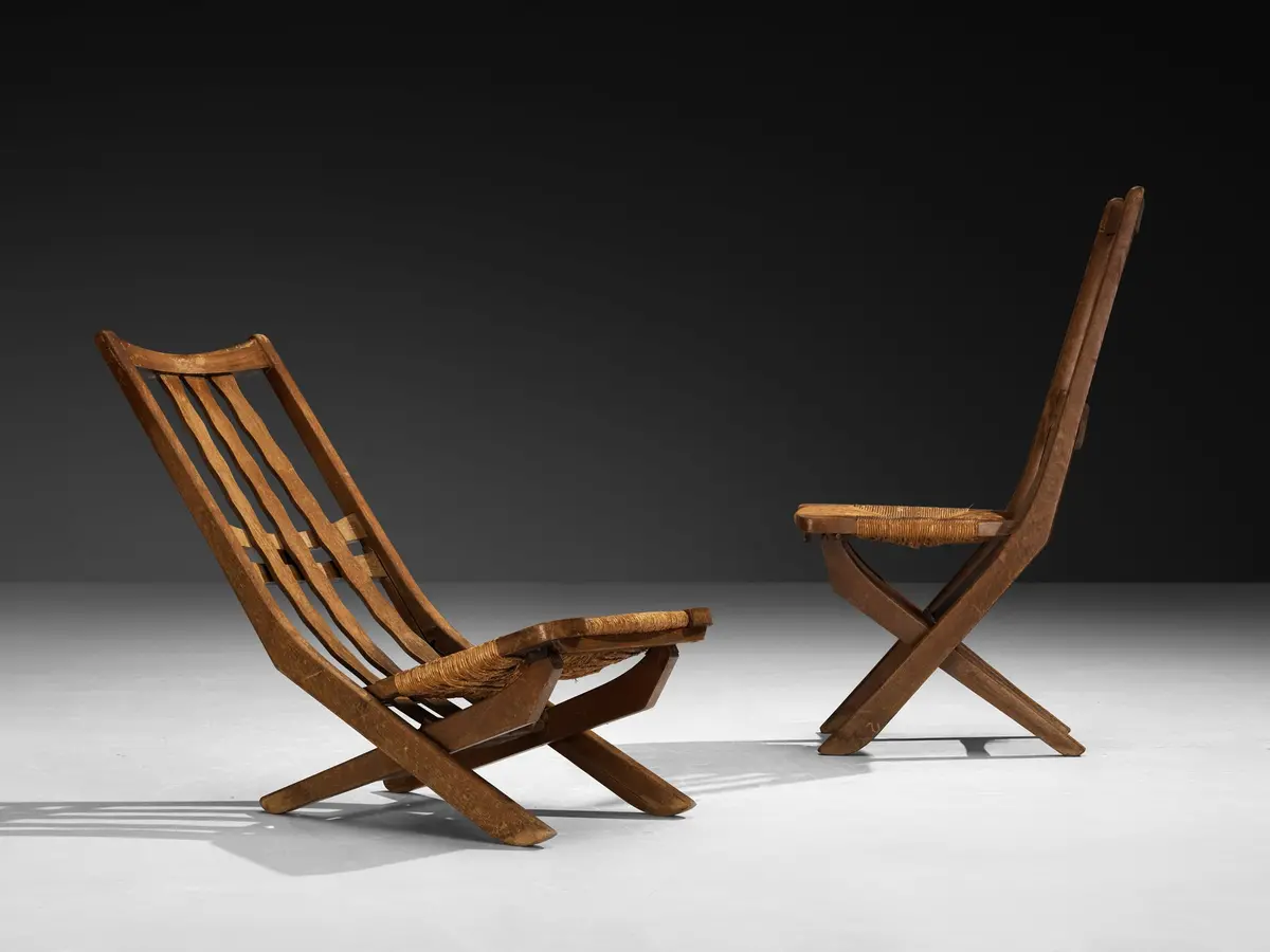 Rustic French Lounge Chairs With Tall Backs In Oak And Rush 1