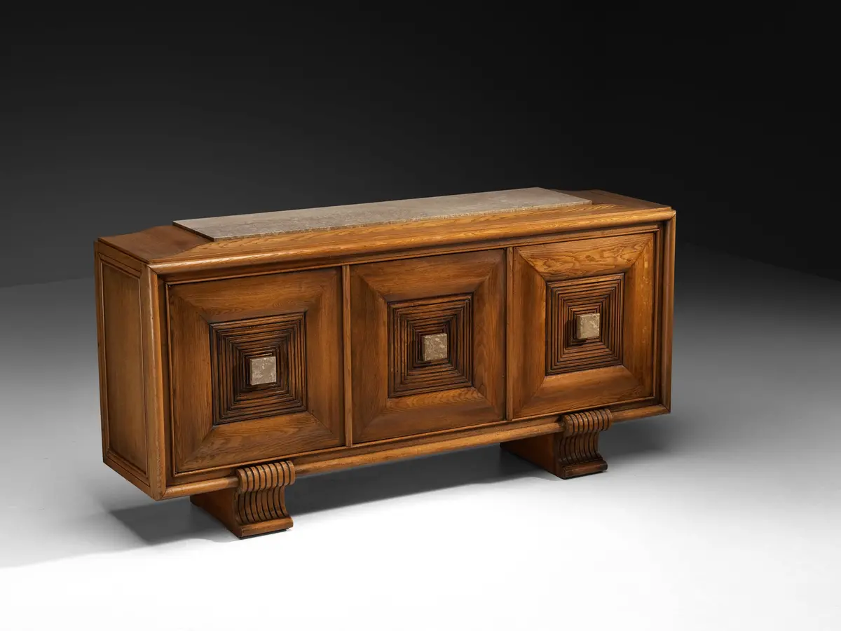 French Art Deco Sideboard In Oak And Stone 1